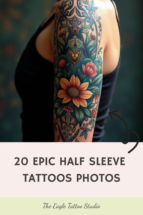 20 Epic Half Sleeve Tattoos Photos Female Floral Sleeve Tattoo, Womens Partial Sleeve Tattoo, Traditional Nature Tattoo Sleeve, Black And White Feminine Tattoos, Nature Half Sleeve Tattoo For Women, Colorful Arm Sleeve Tattoo For Women, Floral Half Sleeve Tattoo Lower Arm, Half Sleeve Tattoos For Women Forearm, Sleeve Tattoos Colorful