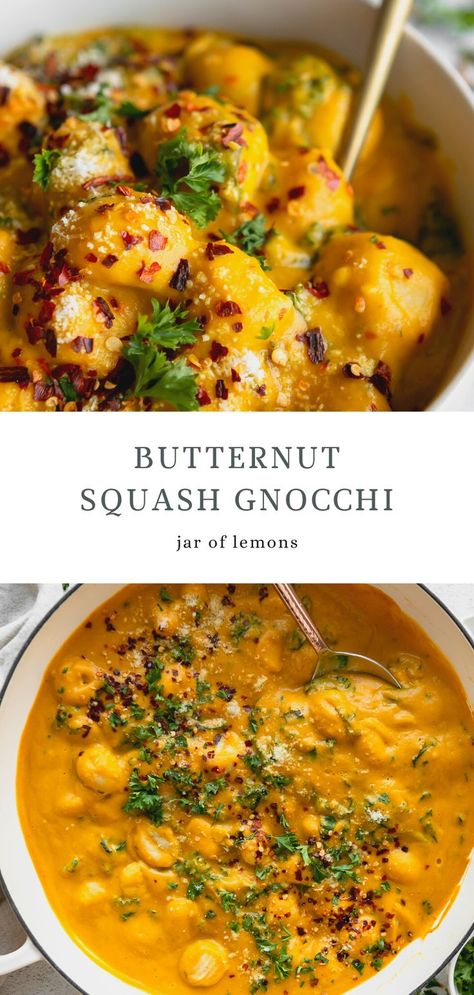 Two images of butternut Squash Gnocchi. Butternut Squash Gnocchi, Squash Gnocchi, Squash Sauce, Butternut Squash Pasta Sauce, Gnocchi Dishes, Healthy Butternut Squash, Butternut Squash Sauce, Dairy Free Recipes Dinner, Gnocchi Recipe