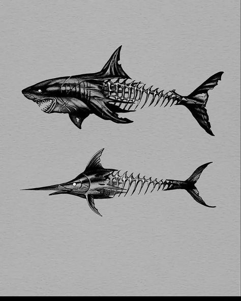 Men Fish Tattoo, Sea Fish Tattoo, Skeleton Fish Tattoo, Shark Skeleton Tattoo, Hell Tattoo Ideas, Fish Skeleton Tattoo, Shark Skeleton, Fish Bone Tattoo, Tattoo Shark