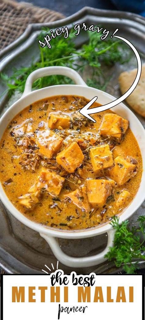 Lahsooni Methi Malai Paneer is a delicious paneer curry where paneer cubes are cooked in a spicy gravy along with fenugreek leaves. Here is how to make it. Methi Paneer, Curry Turkey, Methi Recipes, Paneer Curry, Lunch Recipes Indian, Spicy Gravy, Paneer Dishes, Paneer Recipe, Spicy Snacks Recipes