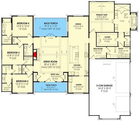 Main level floor plan of a single-story transitional 4-bedroom farmhouse with great room, kitchen, dining area, four bedrooms, and mudroom leading to the garage. Coat Closets, Built In Lockers, Three Family, Bring The Outdoors Inside, Transitional Farmhouse, Shed Dormer, Vaulted Great Room, Large Sheds, Garage Floor Plans