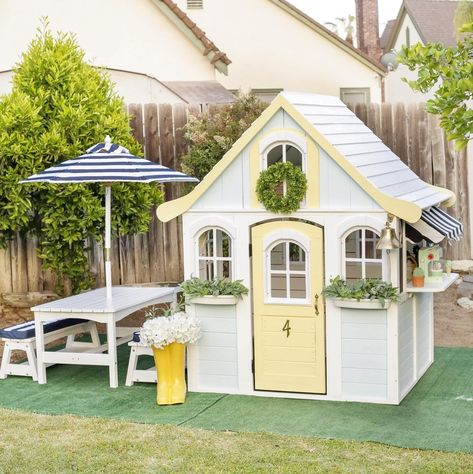 Girls Playhouse Outdoor, Wooden Playhouse Makeover, Outdoor Playhouse Makeover, Kidkraft Playhouse Makeover, Kids Outdoor Table, Kids Wooden Playhouse, Wooden Outdoor Playhouse, Outdoor Playsets, Outdoor Playhouses