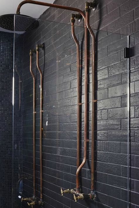 Industrial Stairs Design, Steampunk Room, Victorian Bathrooms, Exposed Plumbing, Steampunk Bathroom, Industrial Stairs, Industrial Style Bathroom, Bathroom Planner, Bathroom Showers