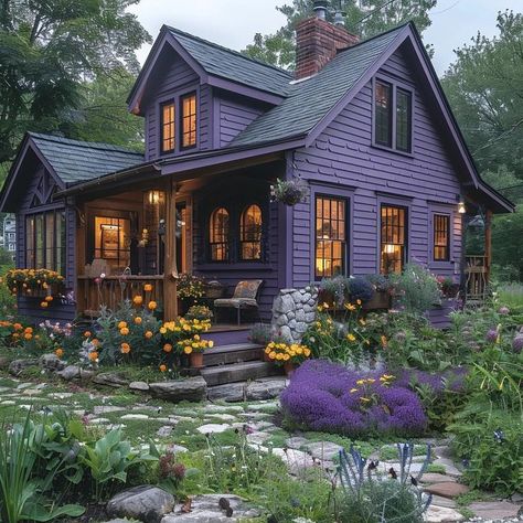 Witchy House Exterior Modern, Witchy Purple Front Door, Purple Cottage, Exterior Siding Options, Purple House, Purple Home, Fantasy House, Cute House, Cottage Design