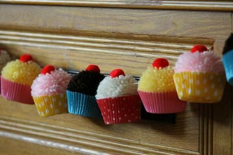 9th Birthday Party, Cupcake Decorating Party, Pompom Garland, Cupcake Birthday Party, Anniversaire Diy, Cupcake Birthday, Decorating Party, Pom Garland, 9th Birthday Parties