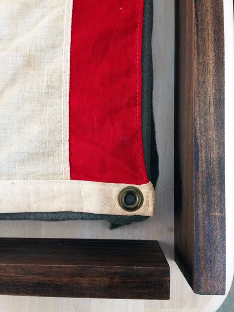 Flag In Living Room, American Flag Interior Design, Flag Hanging Ideas Wall Decor, How To Hang A Flag On Wall, Old Flag Ideas, Framed Flag Decor, How To Frame A Flag, Vintage American Flag Decor, American Flag Display Ideas