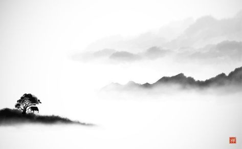 Traditional Japanese ink wash painting sumi-e by Elina Li Ink Mountains, Ink Clouds, Wash Painting, Sumi E Painting, Ink Wash Painting, Misty Mountains, Sumi Ink, Misty Forest, Ink Wash