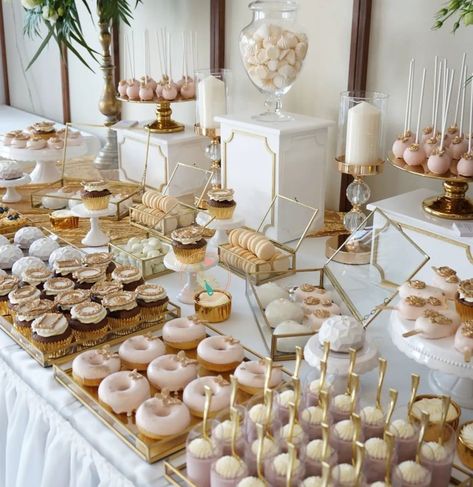 Food For Guests, Engagement Party Desserts, Gold Dessert Table, White Dessert Tables, Wedding Dessert Table Decor, Pink Dessert Tables, Sweets Table Wedding, Gold Dessert, White Desserts