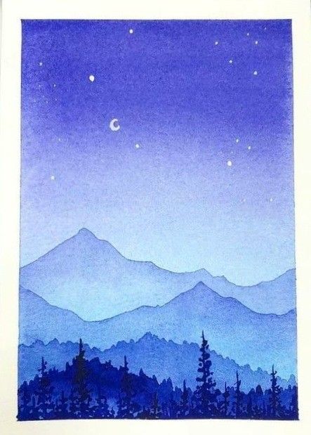 Mountainscape Drawing, Mountain Drawing Simple, Mountains Watercolor, Mountain Watercolor, Monochromatic Art, Whimsical Art Paintings, Moonlight Painting, Watercolor Paintings Nature, Learn Watercolor Painting