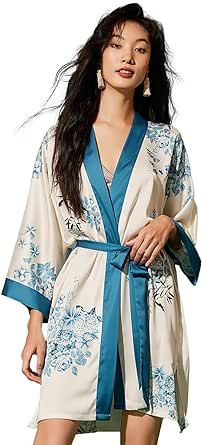 Ulivary Women's Floral Silk Satin Kimono Robe Short Asian Art Printed Luxury Dressing Gown Sleepwear Asian Photoshoot, Luxury Photoshoot, Winter Robes, Kimono Japanese, Hooded Robe, Satin Kimono, Bridal Robe, Bridal Robes, Silk Kimono