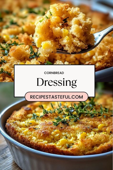 This Cornbread Dressing is a classic dish that combines the rich flavors of crumbled cornbread, savory vegetables, and aromatic herbs. Perfect as a side for holiday meals or family gatherings, it’s easy to prepare and always a crowd-pleaser. Serve it with turkey, chicken, or any hearty main dish for a comforting addition to your meal. Thanksgiving Corn Bread, Cornbread Dressing With Chicken, Homemade Cornbread Dressing, Holiday Dinner Menu, Turkey Dressing, Delicious Cornbread, Dressing Recipes Cornbread, Homemade Cornbread, Turkey Chicken