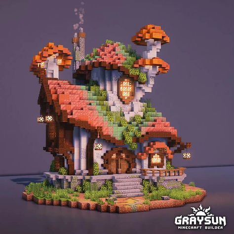 Mushroom House Minecraft Trippy Builds, Minecraft Mushroom Bridge, Fantasy Town Minecraft, Minecraft Druid House, Minecraft House Mushroom, Whimsical Minecraft House Ideas, Minecraft Houses Fantasy Ideas, Beautiful Minecraft Houses, Minecraft Base Builds