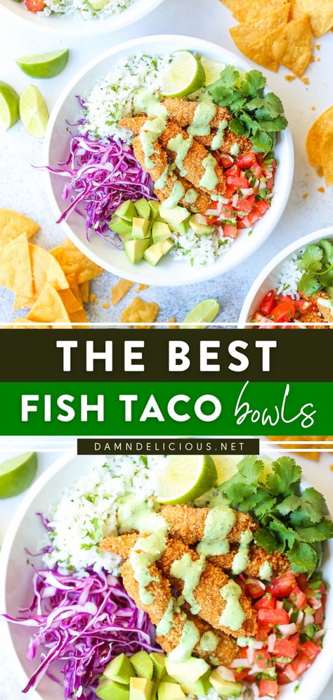 FISH TACO BOWLS Taco Fish Bowl, Fish Tacos Bowls, Fish Taco Bowl Recipe, Fish Taco Rice Bowl, Fish Bowl Food, Clean Eating Recipes Fish, Easy Fish Dishes, Fish Tacos Bowl, Fish Taco Bowl Healthy