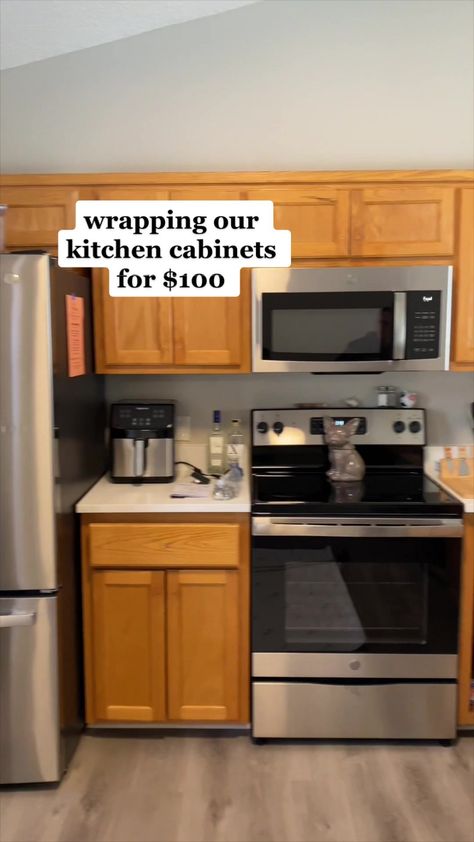 Rental Friendly Diy, Concrete Kitchen Cabinets, Kitchen Cabinets Cover, Renters Kitchen, Vinyl Wrap Kitchen, Wallpaper For Kitchen Cabinets, Renter Friendly Decorating, Cupboard Makeover, Rental Makeover