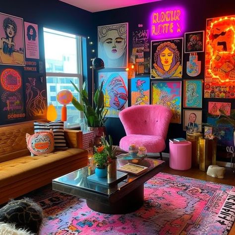 Funky Small Apartments, Salon Suite Decor Colorful, Dopamine Room Decor, Groovy Living Room Decor, Craft Brewery Aesthetic, Dark Eclectic Maximalism, Retro Maximalist Decor, Eclectic Apartment Decor Ideas, Weird Furniture Unique