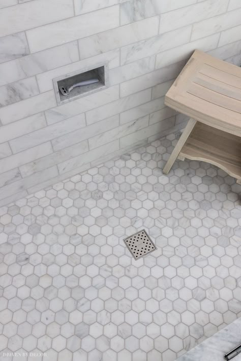 Our marble hexagon shower floor - love! Hexagon Shower Floor, Hexagon Tile Bathroom, Marble Showers, Shower Floor Tile, Decorating Bathroom, Master Shower, Interior Minimalista, Bathroom Remodel Designs, Bathroom Remodel Shower