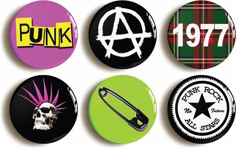 6 x"PUNK ROCK" FANCY DRESS RETRO BADGES PINS BUTTONS (1inch/25mm diameter) : Amazon.co.uk: Clothing Punk Rock Costume, Irish Punk, Rock Costume, Punk Fashion Diy, Punk Baby, Punk Culture, Punk Patches, Punk Pins, Bag Pins