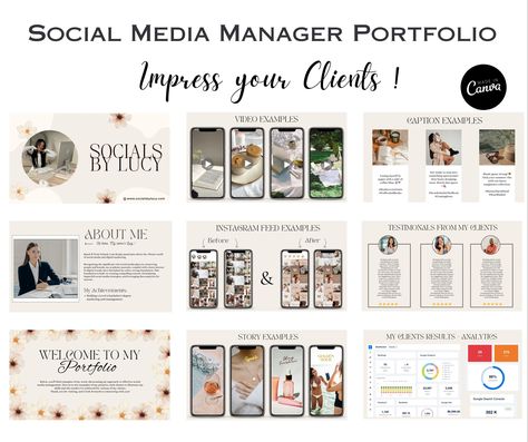 Command attention and elevate your professional presence with our exceptional Social Media Manager Portfolio Template, fully customizable in Canva.  This stunning portfolio template, meticulously crafted with the social media landscape in mind, allows you to showcase your expertise, creativity, and remarkable achievements.  

Here's what awaits you:

-  A captivating Cover Page
- A welcoming Welcome Page
- A compelling About Me Section
- Showcasing Instagram Feed Examples
-  Eye-catching Instagram Post Examples
-  Impressive Video Post Examples 
.#CanvaTemplates #SocialMediaDesign #InstagramIdeas #PinterestTemplates #CreativeCanva Portfolio Thank You Page, Mood Board Social Media, Become A Social Media Manager, Instagram Feed Examples, Social Media Manager Portfolio Example, Social Media Marketing Portfolio, Social Media Portfolio Example, Marketing Portfolio Examples, Nursing Portfolio