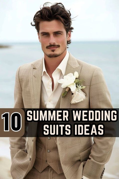 This classic beige suit is ideal for a boho or vintage-themed wedding. The linen fabric is lightweight, making it perfect for summer. The suit is styled with a white shirt, beige bow tie, and brown suspenders, giving it a rustic yet refined appeal.  #Outdoor #Wedding Men #Wedding Outfit #Party #Groom Attire #Elegant Modern Wedding Suits Men Grooms, Wedding Men Outfit Summer, Groom Suit Casual Wedding, Men Wedding Groom Outfit, August Groom Attire, Outdoor Wedding Suits For Men, Groom Style Summer Wedding, Groom No Tie Suit, Beach Suits For Men Wedding