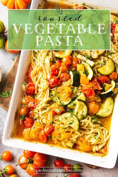 This easy Roasted Vegetable Pasta screams summer! Tender roasted tomatoes, garlic, and zucchini are mixed with gluten free pasta to create a juicy, saucy, and herbaceous weeknight dinner. Zucchini Gluten Free, Pasta With Zucchini And Tomatoes, Zucchini Pasta Recipes, Easy Roasted Vegetables, Roasted Tomato Pasta, Roasted Vegetable Pasta, Fresh Tomato Recipes, Roast Zucchini, Gluten Free Noodles