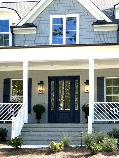 Blue And White Home Exterior, Light Blue Siding House, Light Blue Cottage Exterior, Baby Blue House Exterior, Light Blue House Exterior Colour Schemes, Blue Grey House Exterior, Light Blue Exterior House Colors, Blue House Paint, Key West Exterior