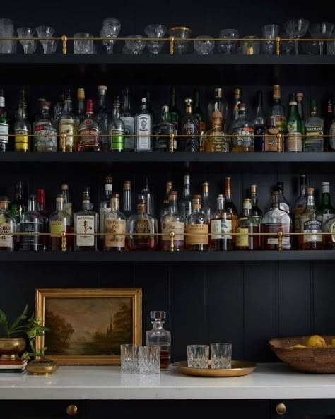 Home Bar Nook Ideas, Dry Bar Open Shelving, Bar Bookshelf Ideas, Mini Bars For Home Small Spaces, Bourbon Cabinet, Gentleman Room, Witches Den, Basement Speakeasy, Bar Shelf Ideas