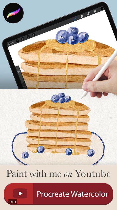 Learn how to paint watercolor in procreate! Cute watercolor iraville style illustration technique. Watercolor brushes for Procreate. learn illustration, vute childrens book illustration technique. How to paint in Procreate digital watercolor. Procreate Modern Art, Procreate Food Illustration, Procreate Watercolor Tutorial, Procreate Classes, Learn Illustration, Procreate Illustrations, Write An Ebook, Procreate Drawings, Watercolor Procreate