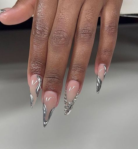 Solar Nails, Long Almond Nails, Sassy Nails, Dope Nail Designs, Classy Acrylic Nails, Almond Nails Designs, Beach Nails, Silver Nails, Fire Nails