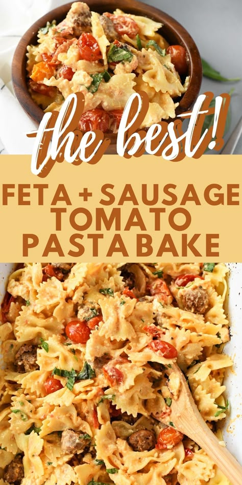 Feta Tomato Pasta With Sausage, Chicken Sausage Pasta Bake, Feta Cheese Casserole, Feta Pasta With Sausage, Spaghetti With Feta Cheese, Bacon Feta Pasta, Feta Sausage Recipes, Chicken And Feta Sausage Recipes, Tik Tok Feta Pasta With Chicken