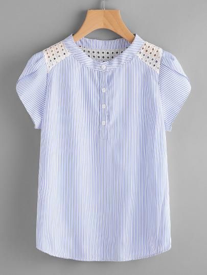 Contrast Eyelet Embroidered Lace Petal Sleeve Blouse -SheIn(Sheinside) Naaien Blouses, Petal Sleeve Blouse, Áo Blu, Yoke Top, Sewing Blouses, Striped Shirt Women, Petal Sleeve, Blouse Short Sleeve, Plus Size Blouses