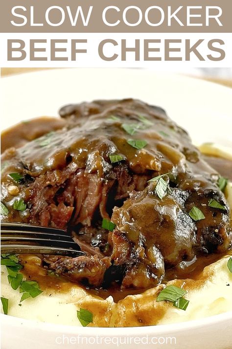 This recipe for slow cooker beef cheeks will give you tender, succulent beef cheeks braised in red wine sauce. Make them in your crock pot for an easy weeknight dinner or fancy enough to impress your fine dining guests too. Also known as ox cheeks, these beef cheeks are melt in your mouth soft and tender. Beef Hor Fun, Beef Braciole Recipe Slow Cooker, Pork Cheeks Recipe Slow Cooker, Beef Cheek Recipes, Braised Beef Cheeks Recipe, Pork Cheeks Recipe, Lamb Shank Recipe Slow Cooker, Beef Cheeks Recipe Slow Cooker, Beef Cheek Meat Recipe