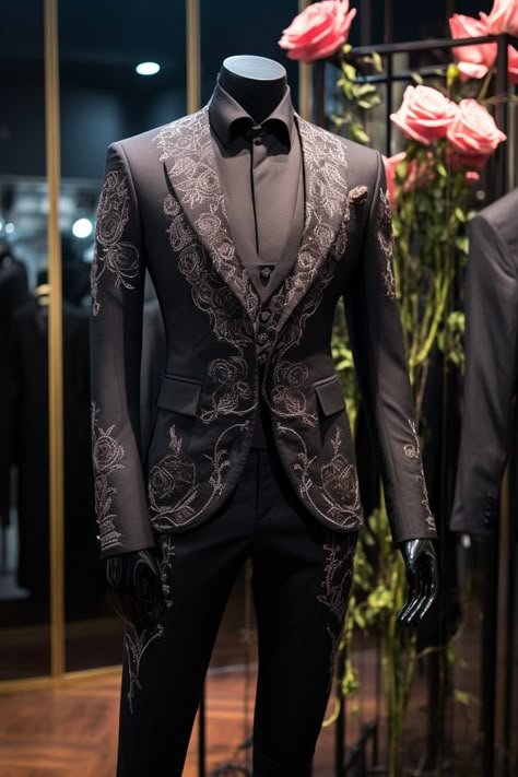 Rose flower inspired suit Steampunk Wedding Suit, Floral Tuxedo Men, Celestial Suit Men, Groom Suit Unique, Unique Suits For Men, Fantasy Suit, Fancy Tuxedo, Star Suit, Rosé Suit