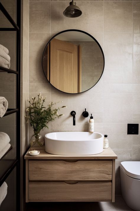 Bathroom White Black Wood, Beige Black Bathroom Ideas, Beige Black Bathroom, Black And Beige Bathroom, Bathroom Reference, Beige And Black Bathroom, Bathroom 2025, Small Bathroom Renos, Cosy Bathroom