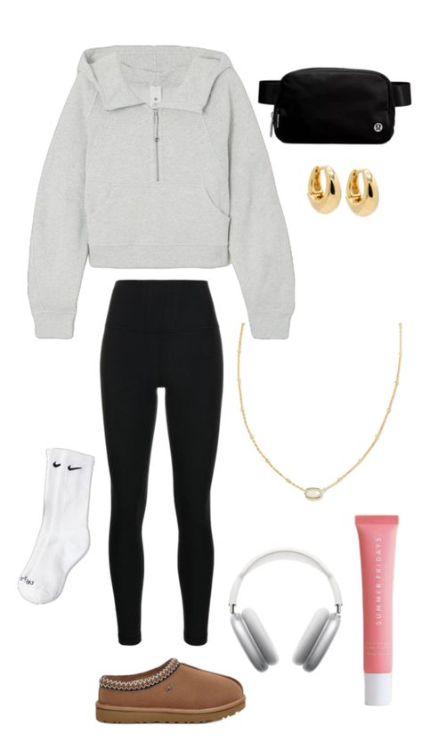 Lululemon Half Zip Scuba, Lululemon Align Leggings, Nike sock, UGG Tasman slipper, Lululemon belt bag, gold huggie earrings, Kendra Scott gold Mini Elisa necklace, AirPods Max, Summer Fridays Pink Sugar lip butter balm Cute Lululemon Outfits For School, Summer Friday Outfit, Lululemon Outfit Winter, Tasman Slippers Outfits, Cute Lululemon Outfits, Cute Easy Outfits For School, Lululemon Half Zip, Slipper Outfit