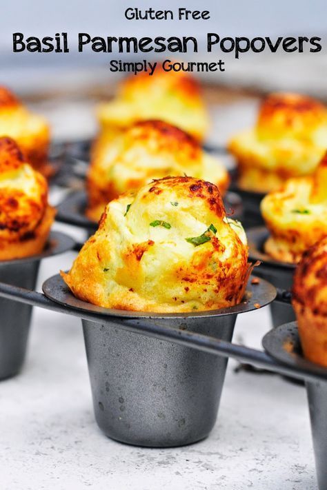 Gf Popovers, Healthy Gourmet Recipes, Gourmet Vegetarian Recipes, Popover Recipes, Parmesan Popovers, Gluten Free Vegetarian Appetizers, Parmesan Bites, Pop Overs, Gourmet Vegetarian