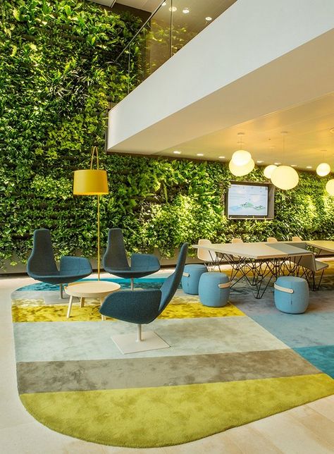 Green Office, Office Lounge, Open Office, Workplace Design, Office Inspiration, Office Interior Design, Commercial Design, Modern Office, Green Wall