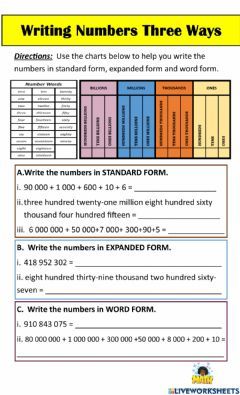 Standard, expanded and word form Language: English Grade/level: 4 - 6 School subject: Math Main content: Place Value Other contents: Three Ways to Write Numbers Ways To Write Numbers, Numbers In Expanded Form, Year 4 Maths, Place Value Worksheets, Worksheets For Grade 3, Expanded Form, Math Place Value, Subtraction Word Problems, Math Interactive