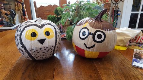 Harry Potter and Hedwig painted pumpkins Harry Potter And Hedwig, Owl Pumpkin Carving, Disney Pumpkin Painting, Harry Potter Birthday Invitations, Book Character Pumpkins, The Three Broomsticks, Harry Potter Pumpkin, Harry Potter Platform, Creative Pumpkin Painting