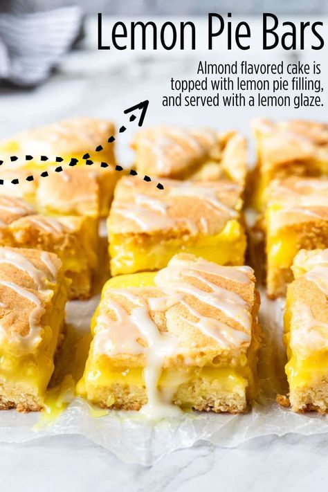 Lemon Pie Bars are made with a delicious almond flavored cake batter, topped with lemon pie filling, the top is dotted with the remaining cake batter. It is baked to golden perfection and then it is served drizzled with a lemon glaze. Great lemon dessert. Lemon Bars With Pie Filling, Lemon Pie Filling Desserts, Canned Lemon Pie Filling Recipes, Lemon Pie Filling Recipes, Almond Flavored Cake, Pie Filling Desserts, Lemon Pie Bars, Almond Pie, Lemon Pie Filling