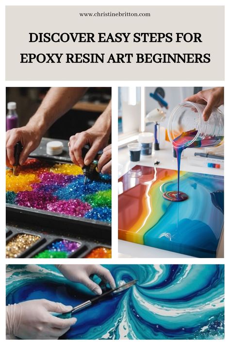 Epoxy resin art projects in various stages, including pouring and mixing colorful resin. Epoxy Resin Art Ideas, Resin Art For Beginners, Art Beginners, Furniture Transformation, Resin Art Ideas, Working With Resin, Acrylic Pouring Techniques, Resin Art Painting, Art For Beginners