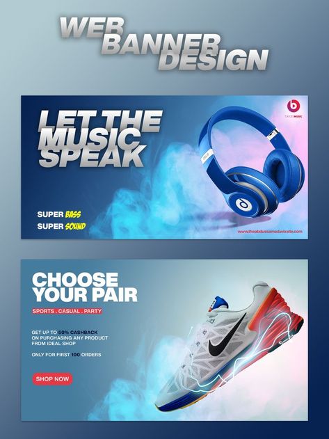 Web Banner for  Headphones and Shoes. Google Banner Ads, Mobile Banner, Website Banner Design, Banner Design Layout, Creative Banners, Banner Design Inspiration, Email Template Design, Social Media Advertising Design, Creative Advertising Design