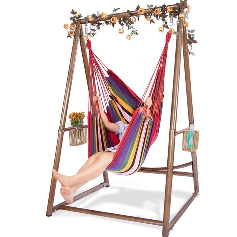 PRICES MAY VARY. √ EXCELLENT Hammock Stand & Rope Swing Set - Firm and safe; this hammock stand is made of heavy duty frame to ensure its durability. Stable structure with fashionable woven fabric rope chair that can hold up to 330 pounds. √ MULTICOLOR OPTIONS - Choose the most suitable hanging chair set for your home. We provide different color choices to highlight the unique features of your porch and garden. Setting up a comfortable space that belongs to you. √ VERY EASY TO ASSEMBLE - All ins Hammock Chair Stand Diy, Diy Hammock Chair, Kids Hammock, Hammock Chair Stand, Fabric Rope, Diy Hammock, Indoor Outdoor Patio, Rope Chair, Rustic Ideas