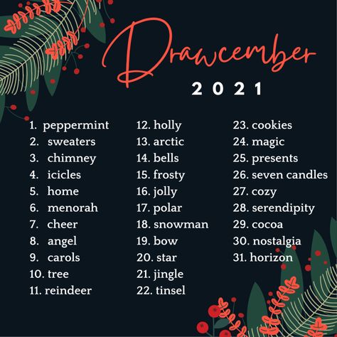 December Art Challenge, Illustration Prompts, Painting Prompts, December Art, Abs Art, Beginner Drawing, 30 Day Art Challenge, December Challenge, 30 Day Drawing Challenge