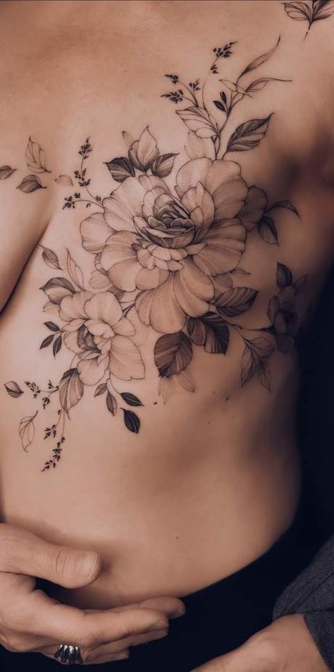 Chest Tattoo Flowers, Mastectomy Scar Tattoo, Black And White Flower Tattoo, Mastectomy Scars, Mastectomy Tattoo, Tattoos To Cover Scars, Flower Tattoo Back, Scar Tattoo, Wicked Tattoos