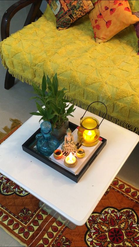 Centre table decoration Living Room Center Table Decoration, Small Balcony Makeover, Center Table Decoration, Living Room Center Table, Moroccan Inspired Decor, Living Room Indian, Indian Balcony, Centre Table Design, Balcony Makeover