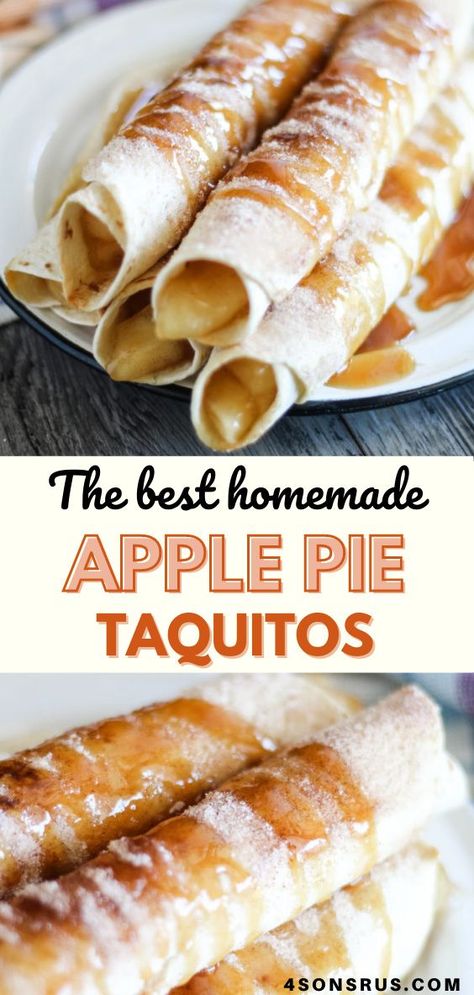 Simple desserts are often overlooked, especially when the Holidays roll around. These apple pie taquitos have all the makings of a great apple pie in fun, crispy cinnamon & sugar coated taquito form. #dessert #recipe #fallrecipe Apple Flautas Recipe, Apple Pie Churros, Corn Tortillas Dessert Recipes, Mexican Finger Desserts, Apple Flautas Flour Tortillas, Apple Tortilla Dessert Simple, Easy Dessert For Taco Night, Apple Pie Taquitos Recipes, Tortillas Dessert Recipes