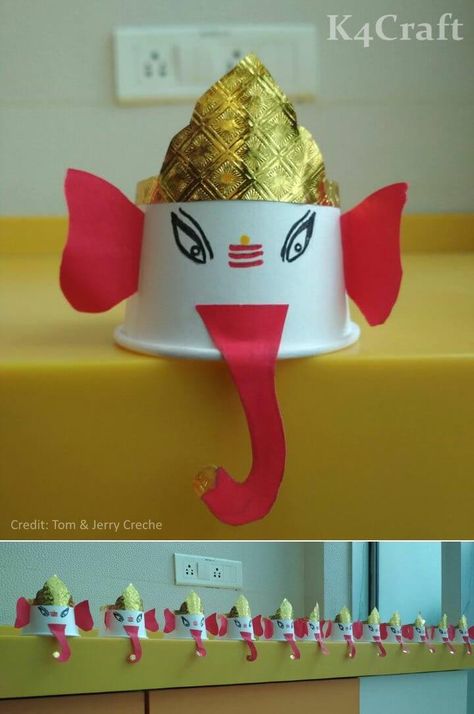 27+ Easy Craft Ideas To Celebrate Ganesh Chaturthi with Kids - K4 Craft Ganpati Craft For Preschool, Paper Cup Ganesha Craft, Ganpati Craft Ideas, Ganesh Chaturthi Craft Ideas, Ganesh Chaturthi Activity For Preschool, Ganapati Craft For Kids, Ganesha Activity For Kids, Ganpati Activity For Preschool, Ganpati Activity For Kids