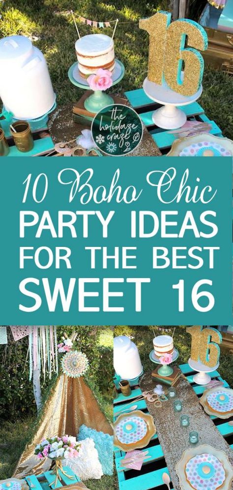 10 Boho Chic Party Ideas for the Best Sweet 16 #partyplanning #party #partyideas Decor For Sweet 16 Party, Boho Chic Outdoor Party, Boho Chic Sweet 16 Party Ideas, Boho Chic Birthday Party Decor, Backyard Sweet 16, Boho Sweet 16 Ideas, Backyard Sweet 16 Party Ideas, Boho Chic Party Ideas, 16th Birthday Party Ideas Sweet 16 Theme