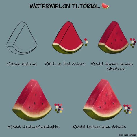 Fruit To Draw, How To Draw Food, Draw Fruit, Watermelon Drawing, Drawing Fruit, Fruits Painting, Fruit Art Drawings, Food Reference, Art Deco Font