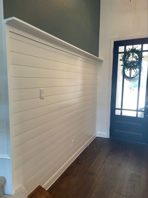 Shiplap Wall With Pictures, White Shiplap With Blue Walls, Shiplap Half Wall With Ledge, Shiplap Accent Wall Entryway, Half Shiplap Wall Bedroom, Shiplap Accent Wall Dining, Partial Shiplap Wall, Shiplap Wall Entryway, Entryway Shiplap Wall